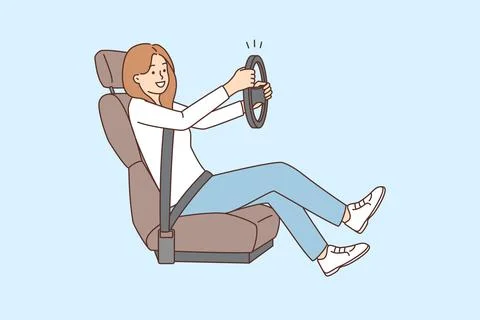 Smiling woman with steering wheel learn driving Stock Illustration