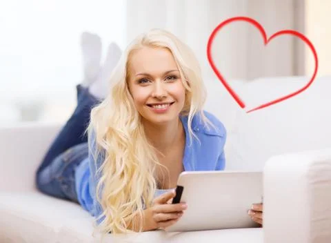 Smiling woman with tablet pc computer at home Stock Illustration