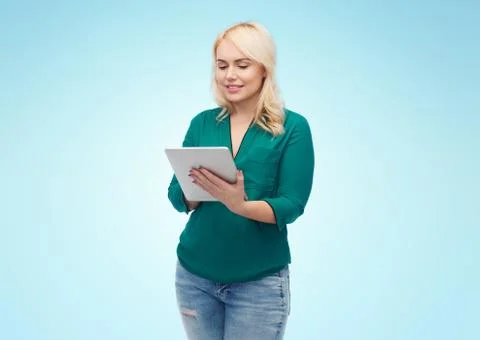 Smiling woman with tablet pc computer Stock Photos