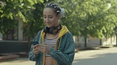 Smiling woman texting message using mobile phone. Technology concept Stock Footage 109172379