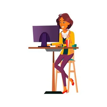 Smiling woman use computer in internet cafe cartoon vector Illustrazione stock