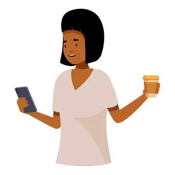 Smiling woman using mobile app and holding coffee Illustrazione stock