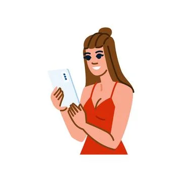 Smiling woman using smartphone, browsing internet and social media Stock Illustration