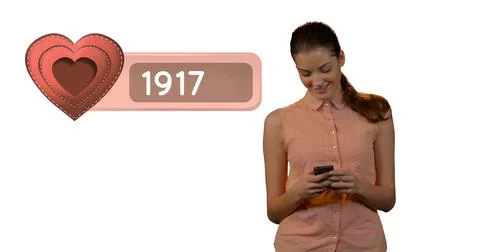 Smiling woman using smartphone, checking social media notifications with heart Foto stock