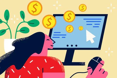 Smiling woman work on computer earning money Illustrazione stock