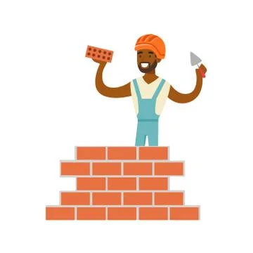 Smiling worker building a brick wall, colorful character vector Illustration Ilustración de archivo