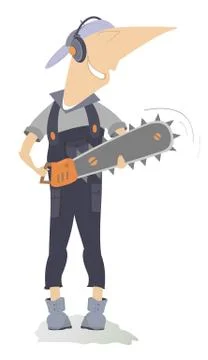 Smiling worker with chainsaw isolated Stock Illustration