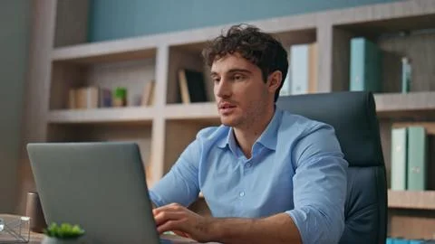 Smiling worker finishing project task closeup. Satisfied student closing laptop Stock Photos