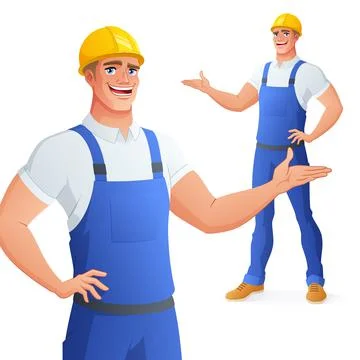 Smiling worker in hard hat presenting. Isolated vector illustration. Stock Illustration