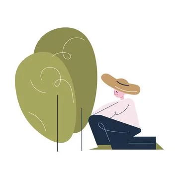 Smiling worker in uniform and hat sitting and picking fresh green tea leaves Ilustración de archivo