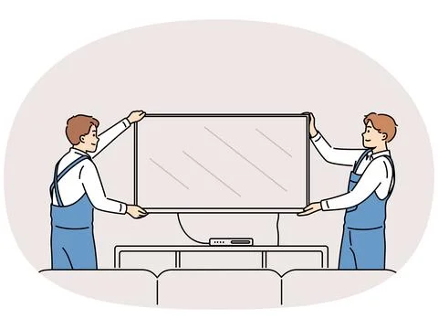 Smiling workers install TV set at home Illustrazione stock