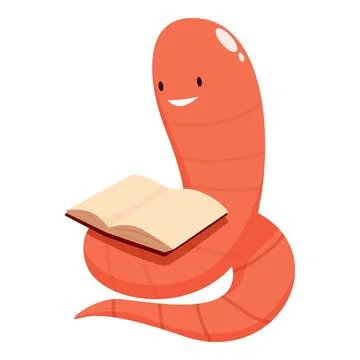 Smiling worm reading a book on white background Stock Illustration