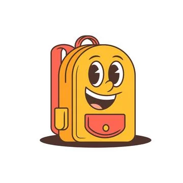 Smiling Yellow Cartoon School Backpack Character with Big Eyes and Coral Pi.. Stock Illustration