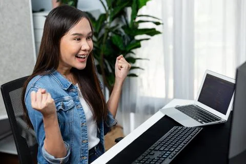 Smiling young Asian IT developer with happy face getting new project. Stratagem. Stock Photos