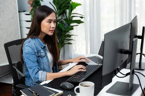 Smiling young Asian IT developer working software on two screens. Stratagem. Stock Photos