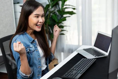 Smiling young Asian IT developer with happy face getting new project. Stratagem. Stock Photos