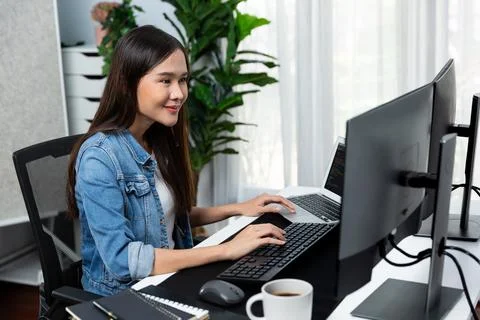 Smiling young Asian IT developer working software on two screens. Stratagem. Stock Photos