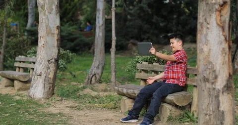 Smiling young boy making selfie photo at the green spring park Stock Footage 88299729