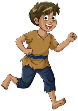 Smiling Young Boy Running in Ragged Clothes Illustration Stock Illustration