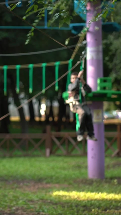 Smiling young boy in safety harness holds green rope while riding zip line Stock Footage 345285484
