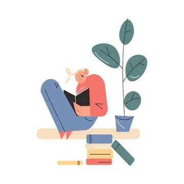 Smiling young boy sitting on windowsill with book and reading at home Illustrazione stock