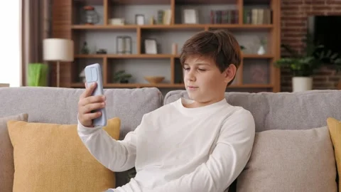 Smiling young boy using smartphone for online meeting, video call, video Stock Footage 213282783