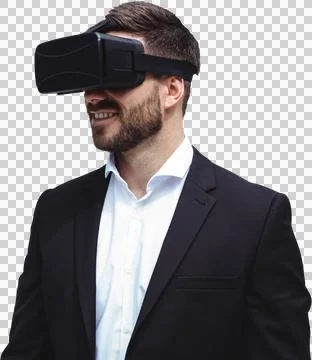 Smiling young businessman using virtual reality glasses Illustrazione stock