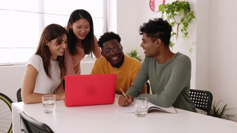 Smiling young diverse students doing homework together at home Stock Footage 220234720
