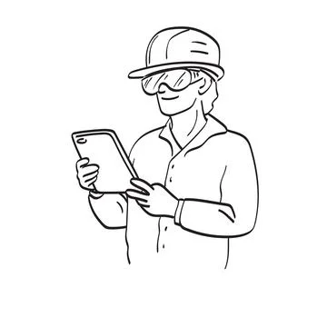 Smiling young engineer in hardhat is using a tablet computer illustration Stock Illustration