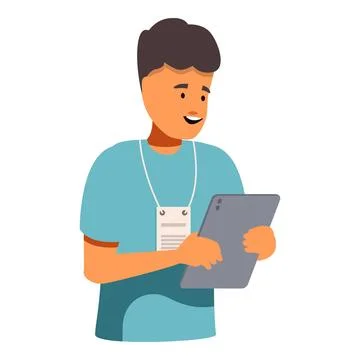 Smiling young man with badge using digital tablet Stock Illustration