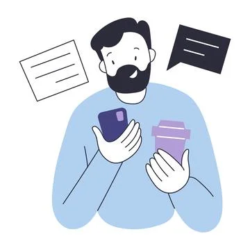 Smiling young man with beard holding a coffee to-go mug using phone app to read Stock Illustration