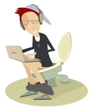 Smiling young man with computer sitting on the toilet bowl illustration Stock Illustration