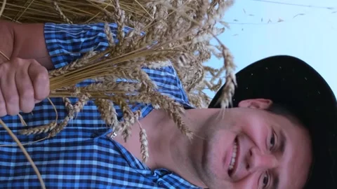 A smiling young man is holding ears of corn on the background of a wheat field Video stock 250352524
