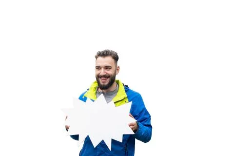 Smiling young man holding empty blank board on white background. Your text he Stock Photos