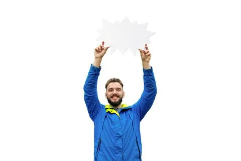 Smiling young man holding empty blank board on white background. Your text he Stock Photos