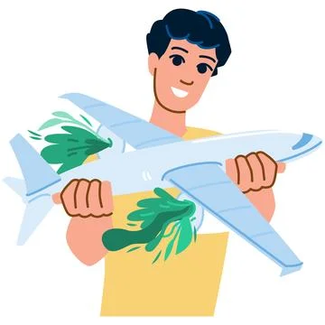 Smiling young man is holding a model airplane emitting green plants, symboliz Stock Illustration