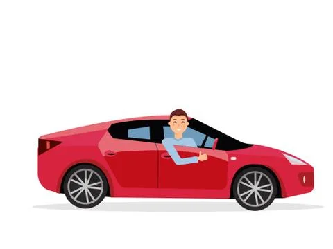 Smiling young man inside his car. Friendly driver at the wheel of car.Right-h Illustrazione stock