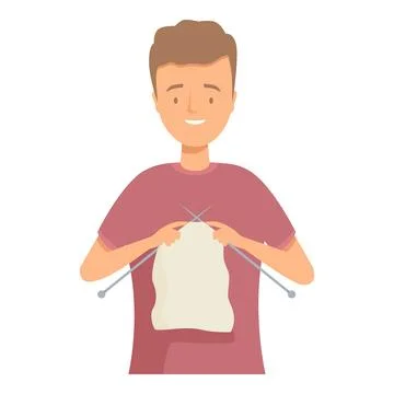Smiling young man knitting with wool and needles, enjoying craft hobby Stock Illustration