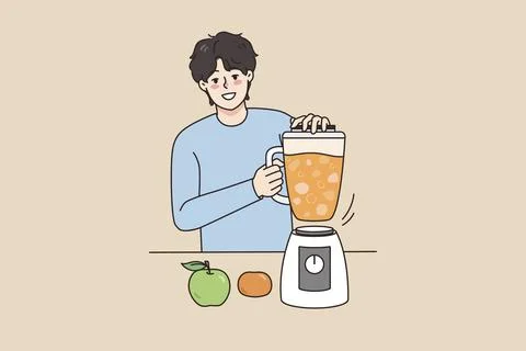 Smiling young man make fresh fruit juice in blender at home. Happy guy drink Stock Illustration