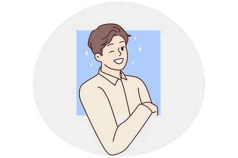 Smiling young man peeking from window. Happy guy look from hole feeling curious Stock Illustration