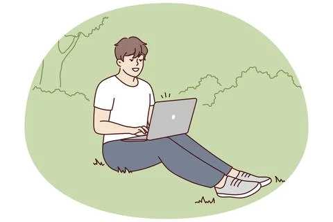 Smiling young man sit on ground in park working on laptop. Happy male freelance Ilustración de archivo