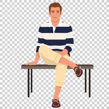 Smiling Young Man Sitting on Bench in Casual Striped Rugby Shirt 스톡 일러스트