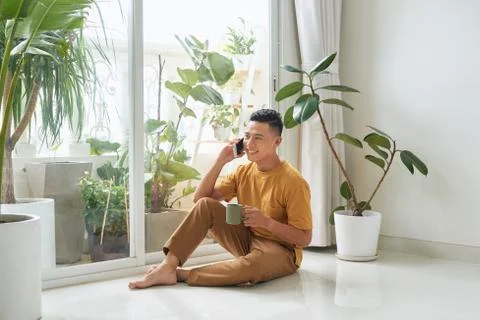 Smiling young man talking on mobile phone, looking at the window at home Stock Photos