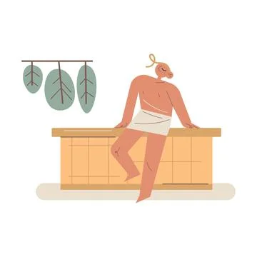 Smiling young man in towel sitting in sauna enjoying heat relaxation Stock Illustration