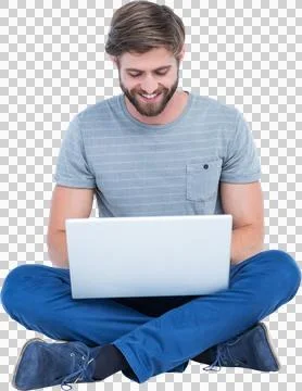 Smiling young man using laptop 스톡 일러스트