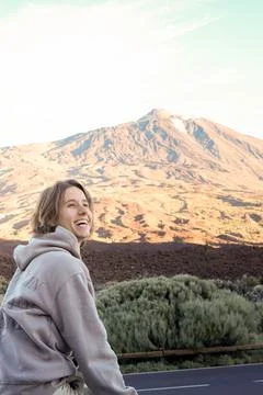 Smiling young man With View of Teide Mountain at Sunset Stock Photos