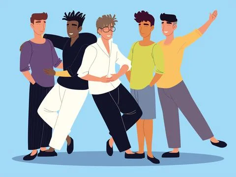 Smiling young men characters standing on blue background Illustrazione stock