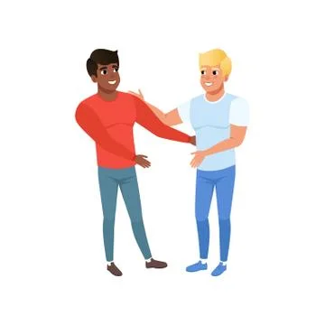 Smiling young men friends looking at each other and embracing, happy couple Ilustração Stock
