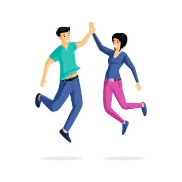 Smiling young people flat vector illustration. Cheer, gladness, rejoicing Stock Illustration