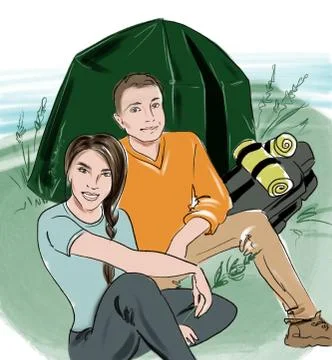 Smiling young people relax in nature with a tent and backpacks Stock-Illustration